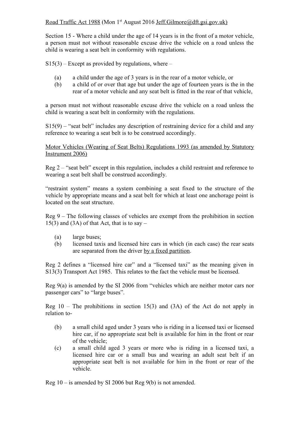 S15 RTA Restrictions on Carrying Children Not Wearing Seat Belts