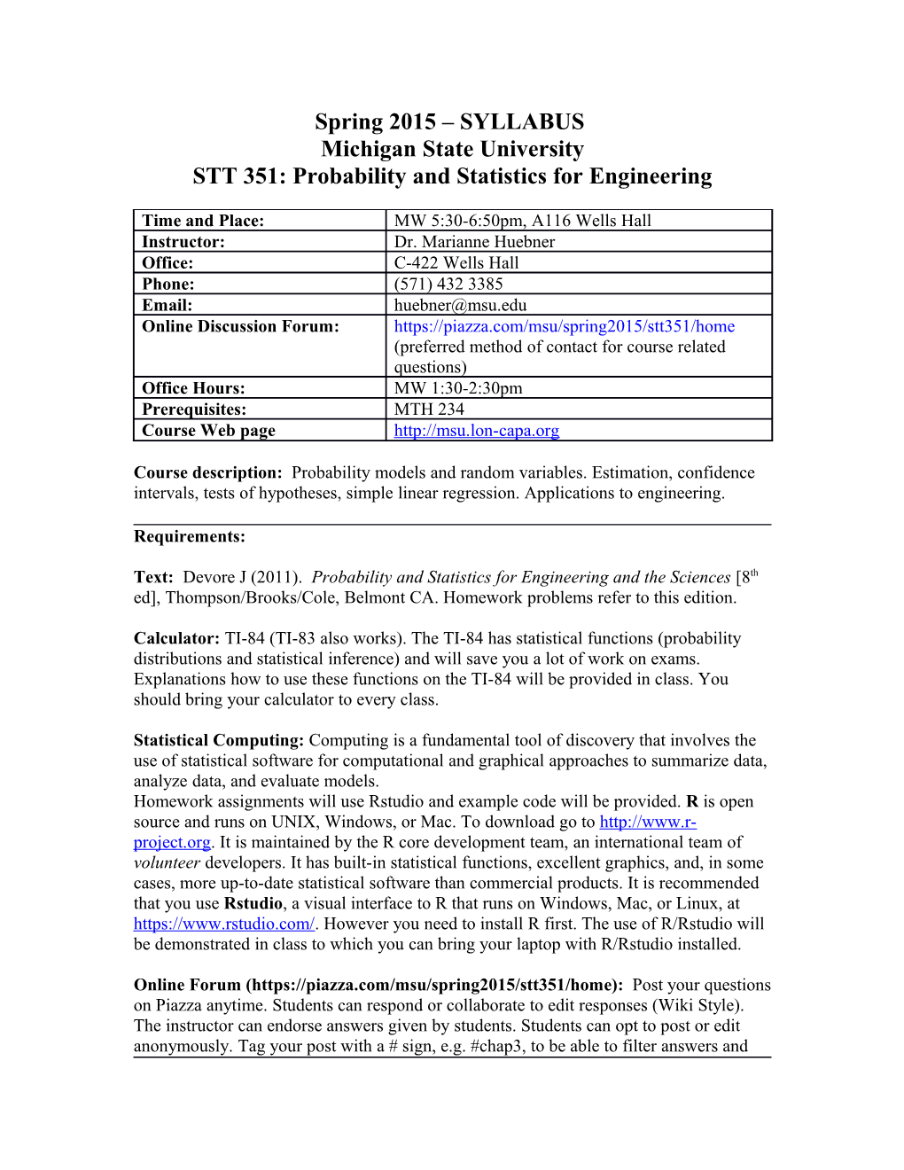 STT 351: Probability and Statistics for Engineering