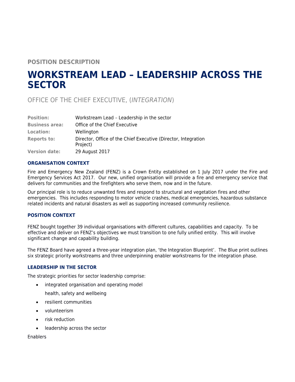 Workstream Lead Leadership ACROSS the Sector