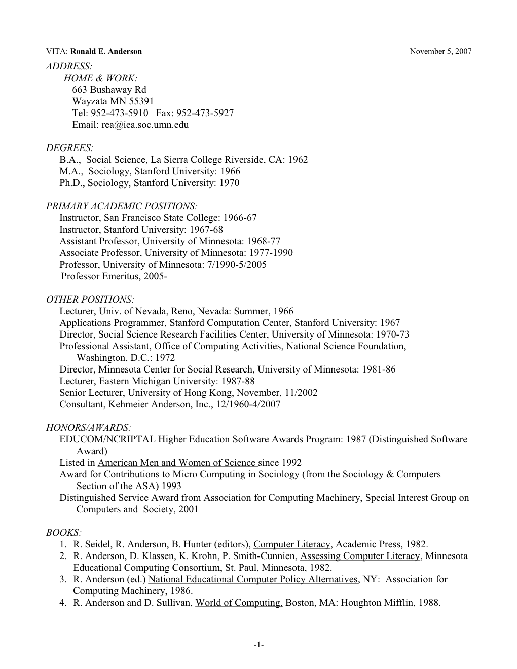 VITA: Ronald E. Anderson November 5, 2007
