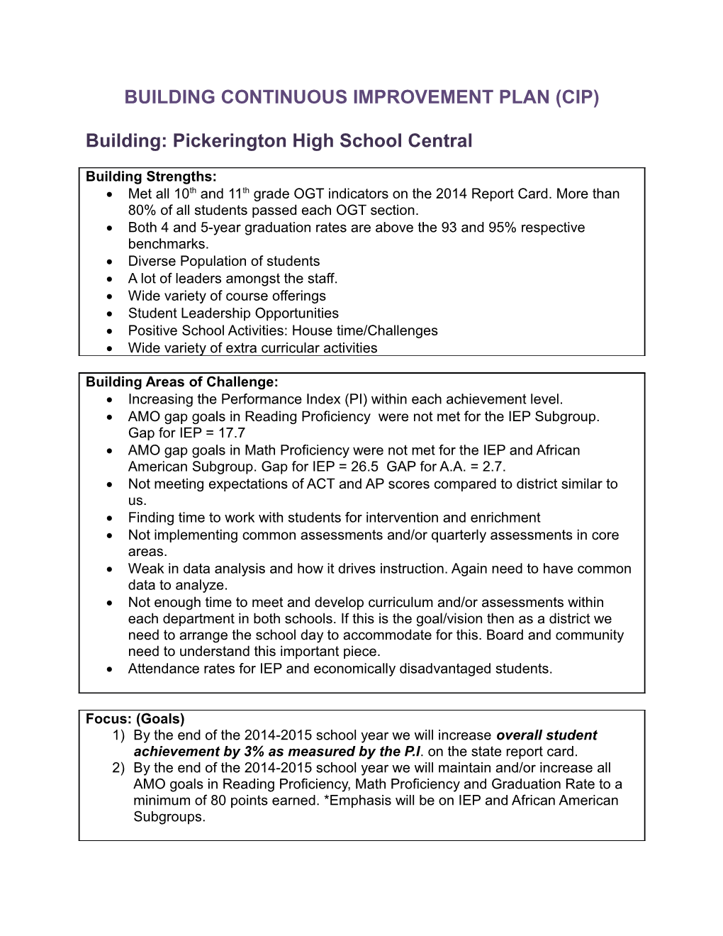 Building Continuous Improvement Plan (Cip)