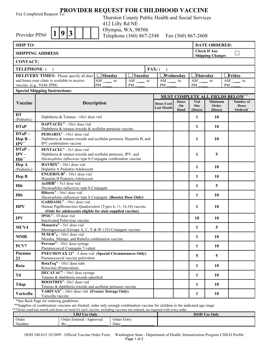 Provider Request for Childhood Vaccine Order Form