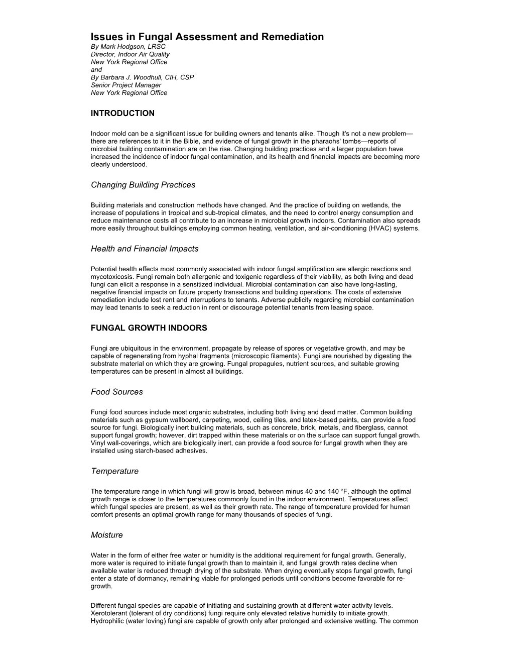 Issues in Fungal Assessment and Remediation