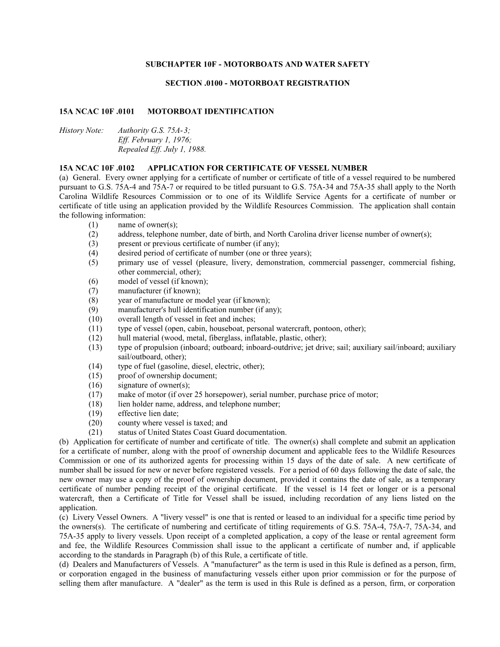 Subchapter 10F Motorboats and Water Safety