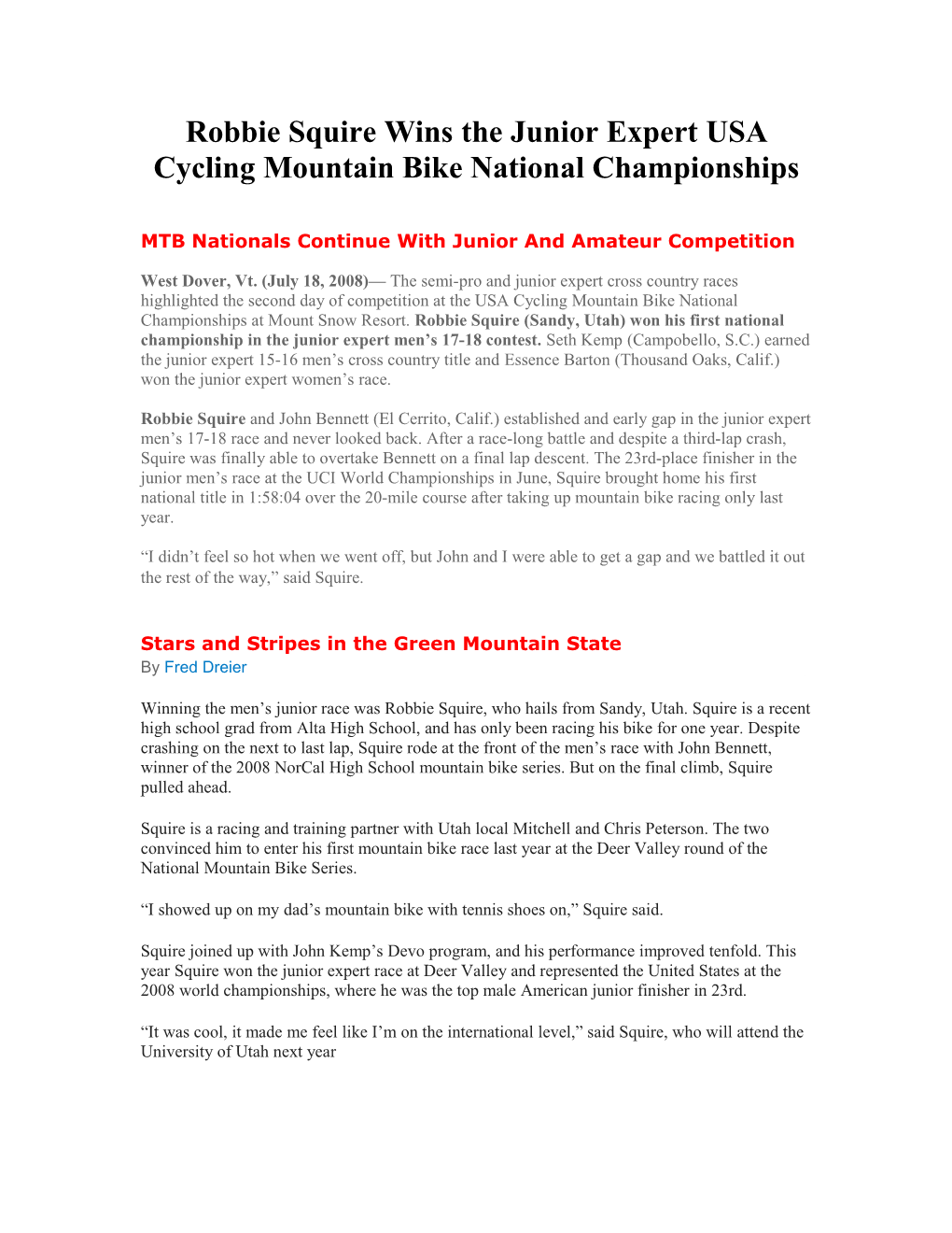 Robbie Squire Wins the Junior Expert USA Cycling Mountain Bike National Championships