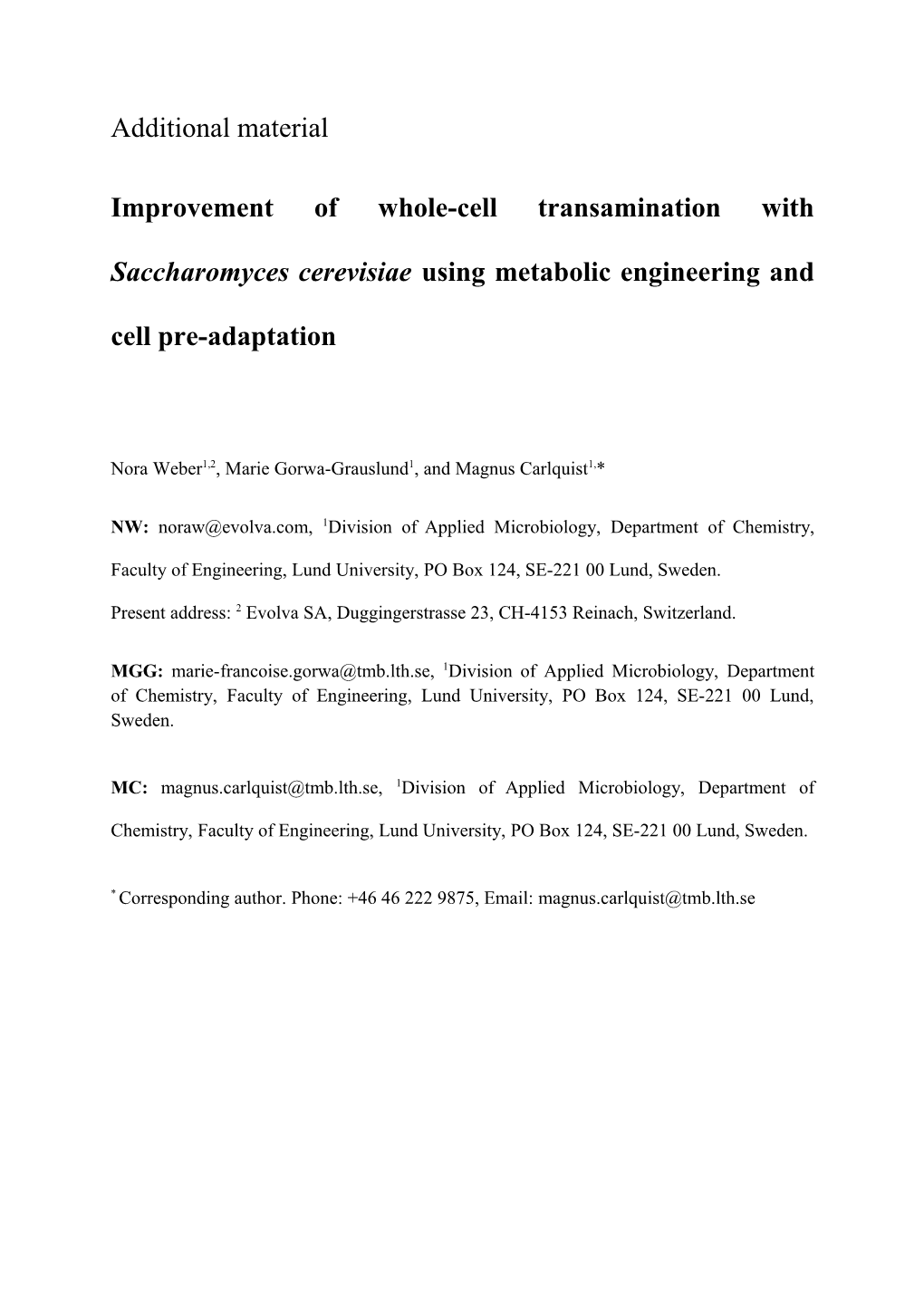 Improvement of Whole-Cell Transamination with Saccharomyces Cerevisiae Using Metabolic