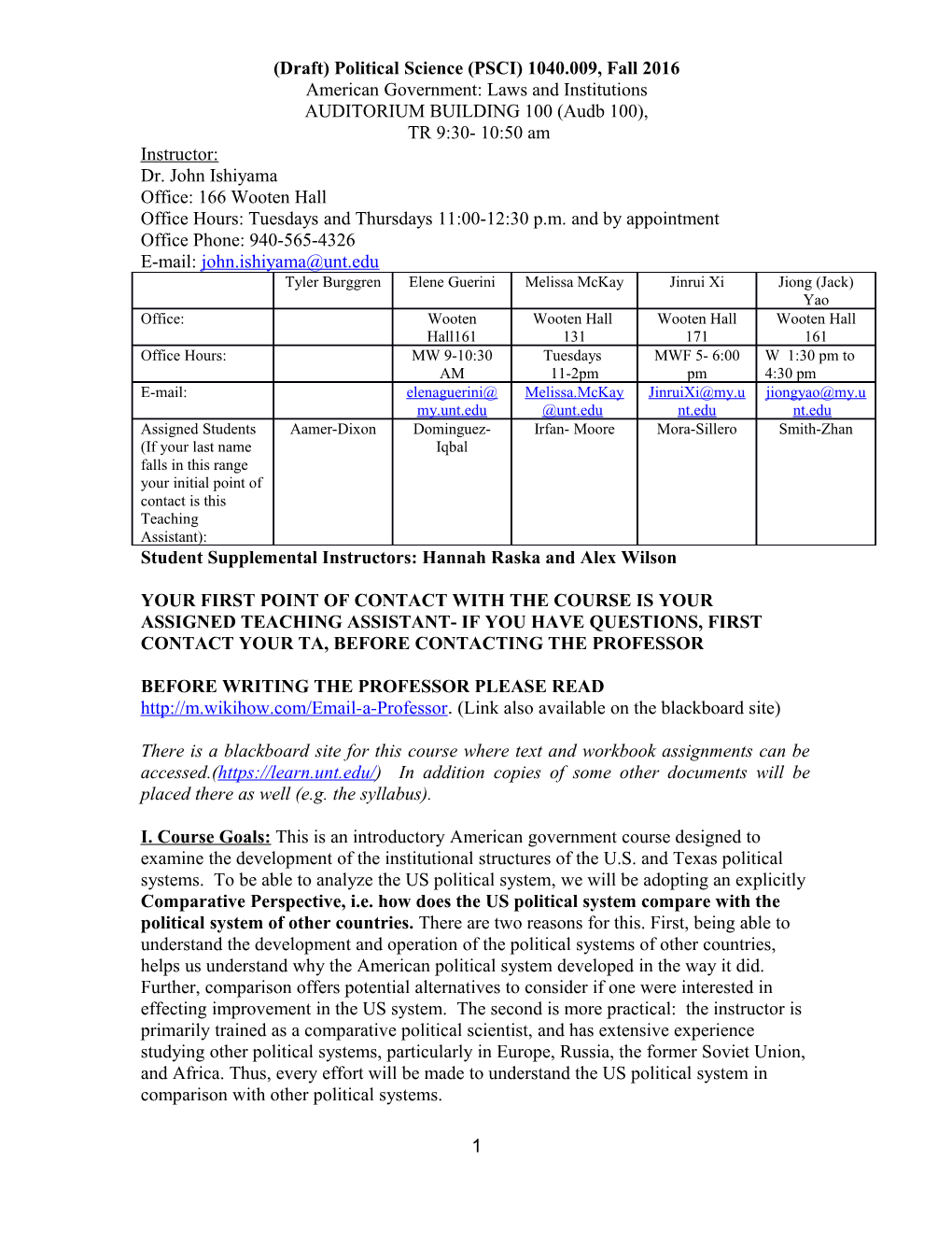 (Draft) Political Science (PSCI) 1040.009, Fall 2016