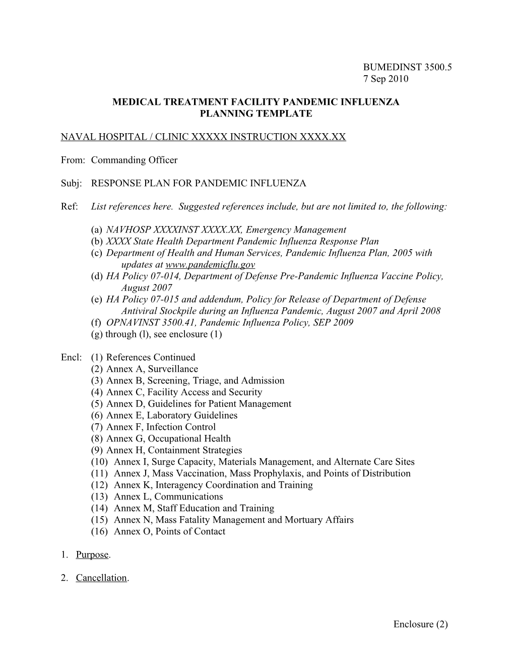 Medical Treatment Facility Pandemic Influenza Planning Template