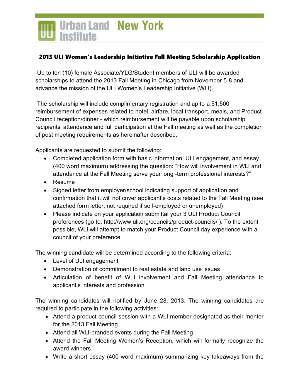 2013ULI Women S Leadership Initiative Fall Meeting Scholarship Application