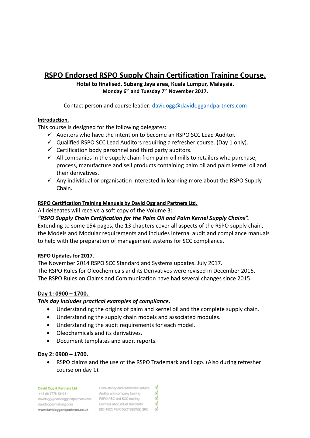 RSPO Endorsed RSPO Supply Chain Certification Training Course