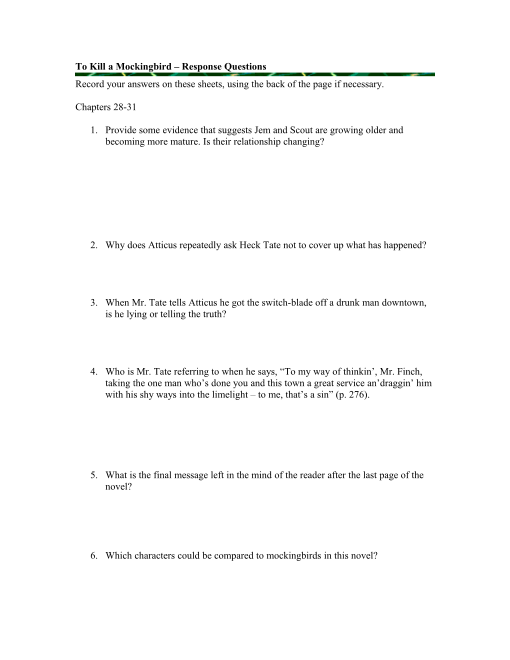 To Kill a Mockingbird Response Questions