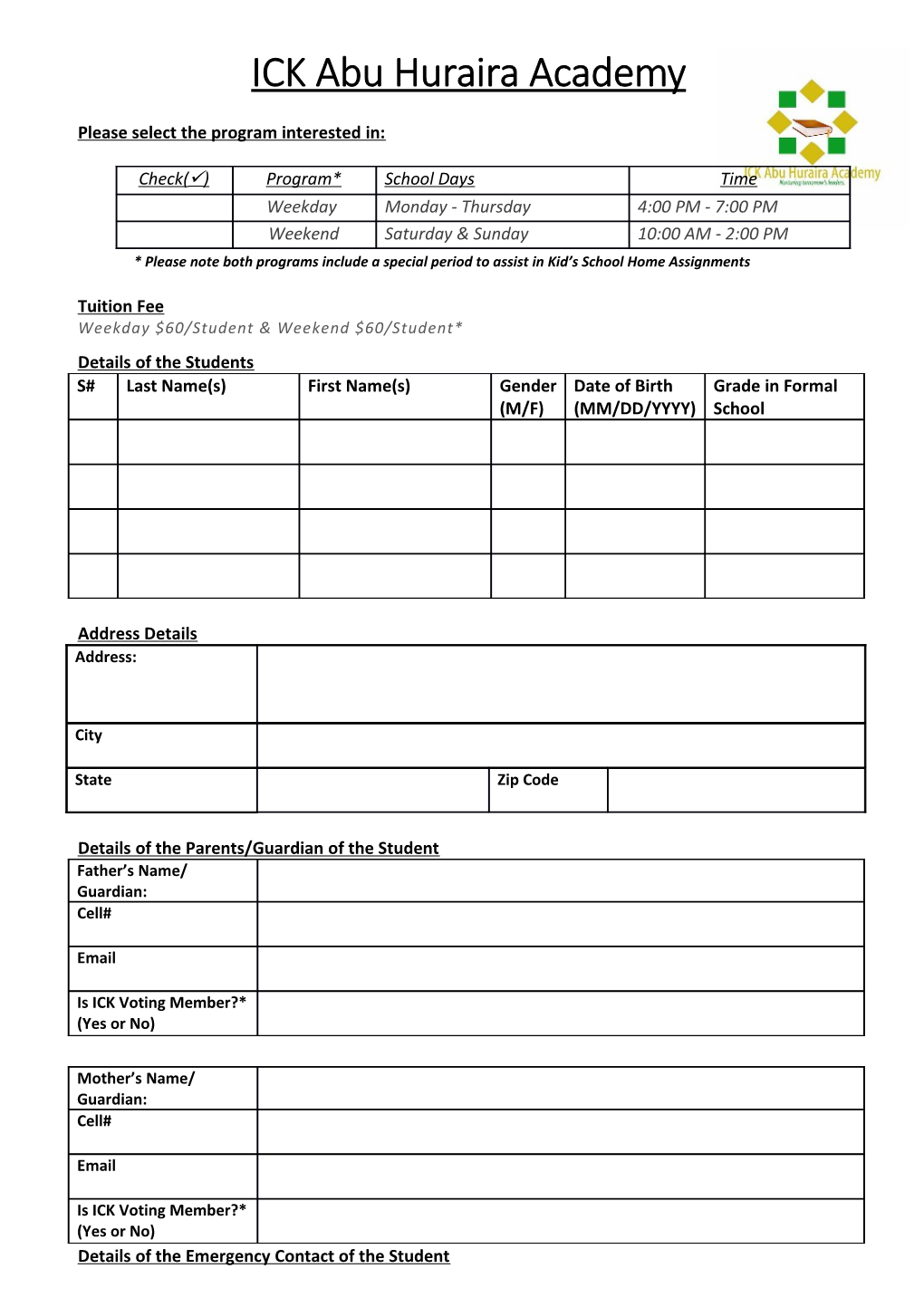 Application Form for the Madrasa