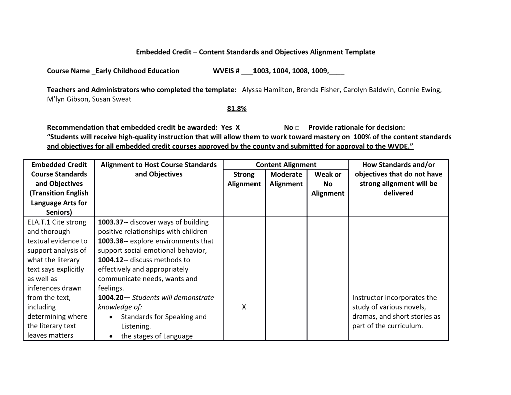 Embedded Credit Content Standards and Objectives Alignment Template