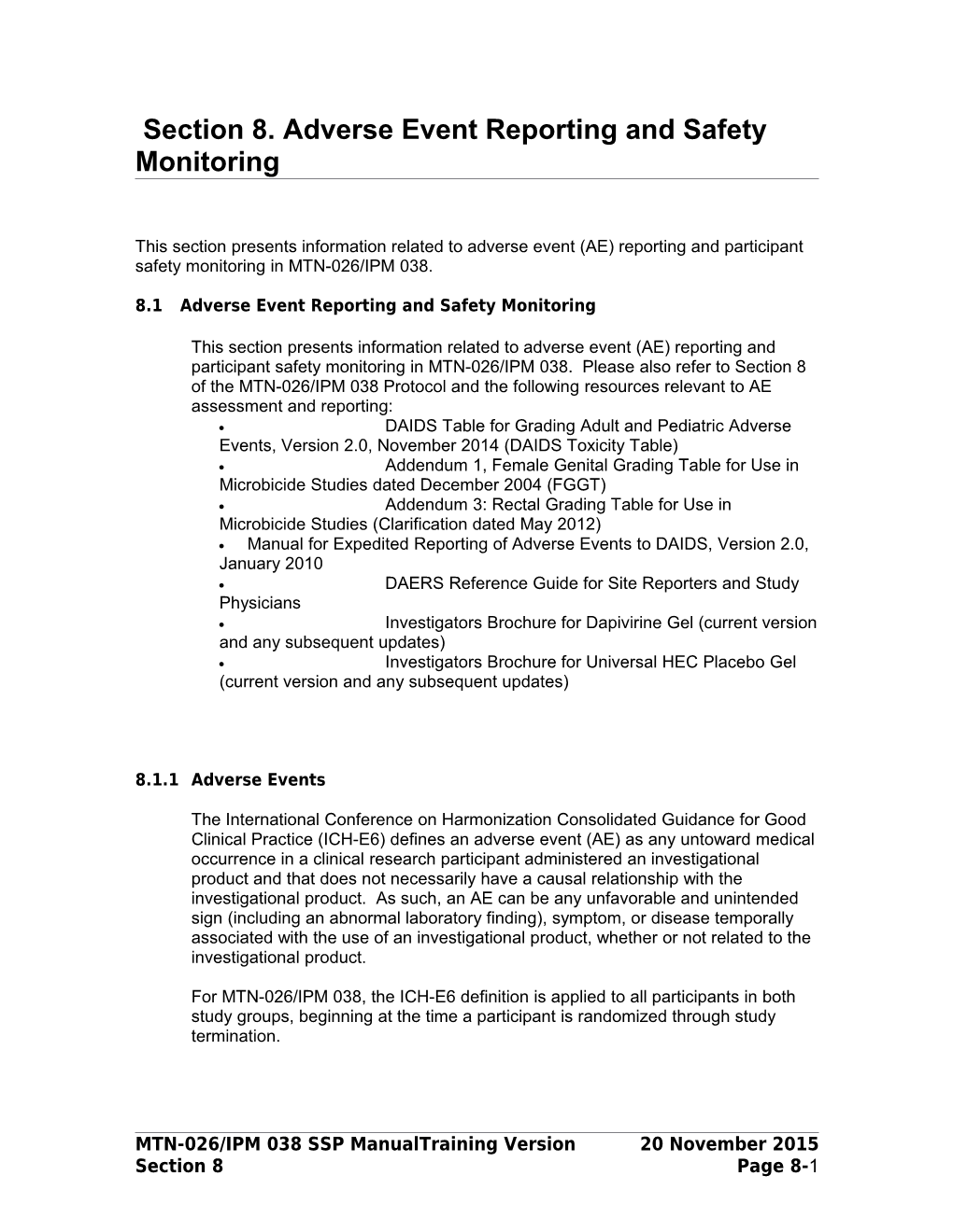 Section 8. Adverse Event Reporting and Safety Monitoring