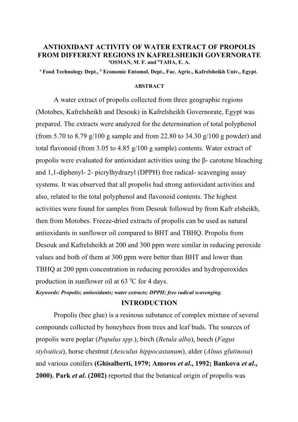 Antioxidant Activity of Water Extract of Propolis from Different Regions in Kafrelsheikh