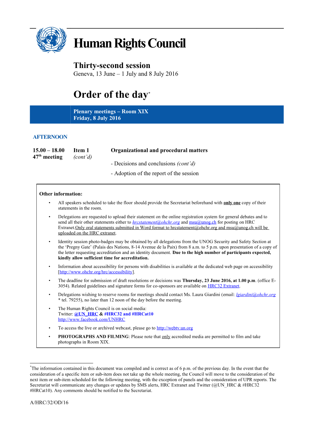 Order of the Day, Friday, 1 July 2016