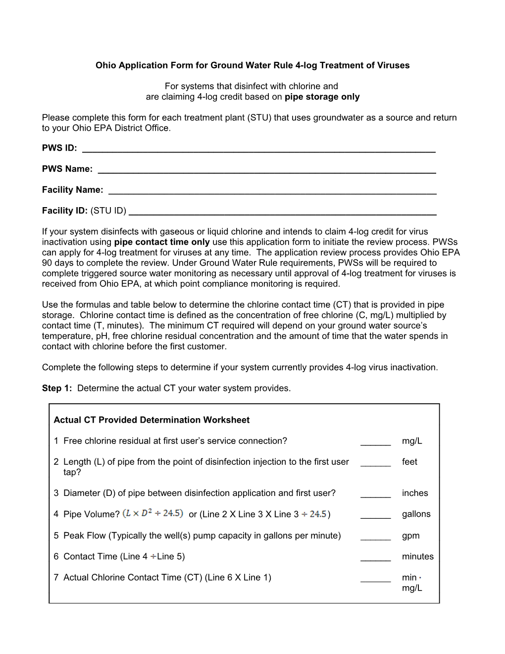 Ohio Application Form for Ground Water Rule 4-Log Treatment of Viruses