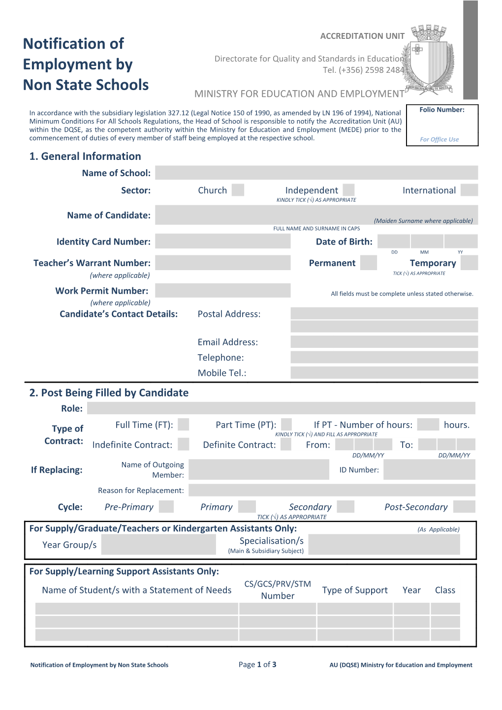 Notification of Employment by Non State Schoolspage 1 of 3AU (DQSE) Ministry for Education