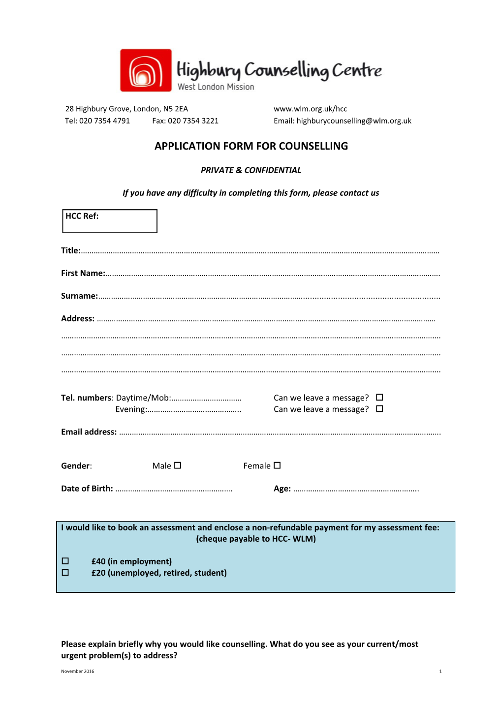Application Form for Counselling