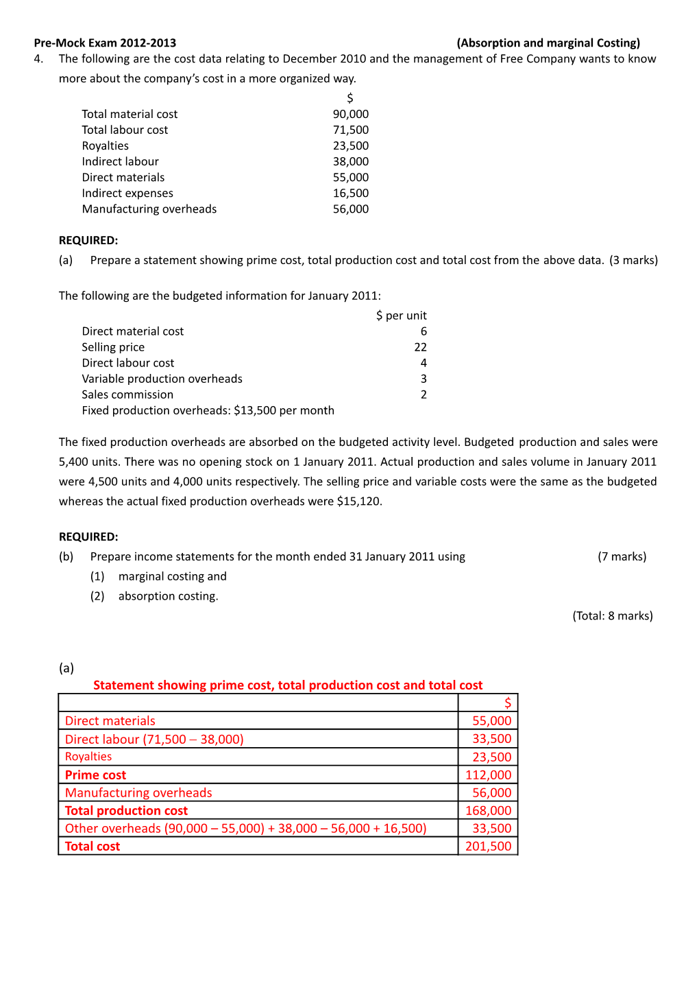 Pre-Mock Exam 2012-2013(Absorption and Marginal Costing)