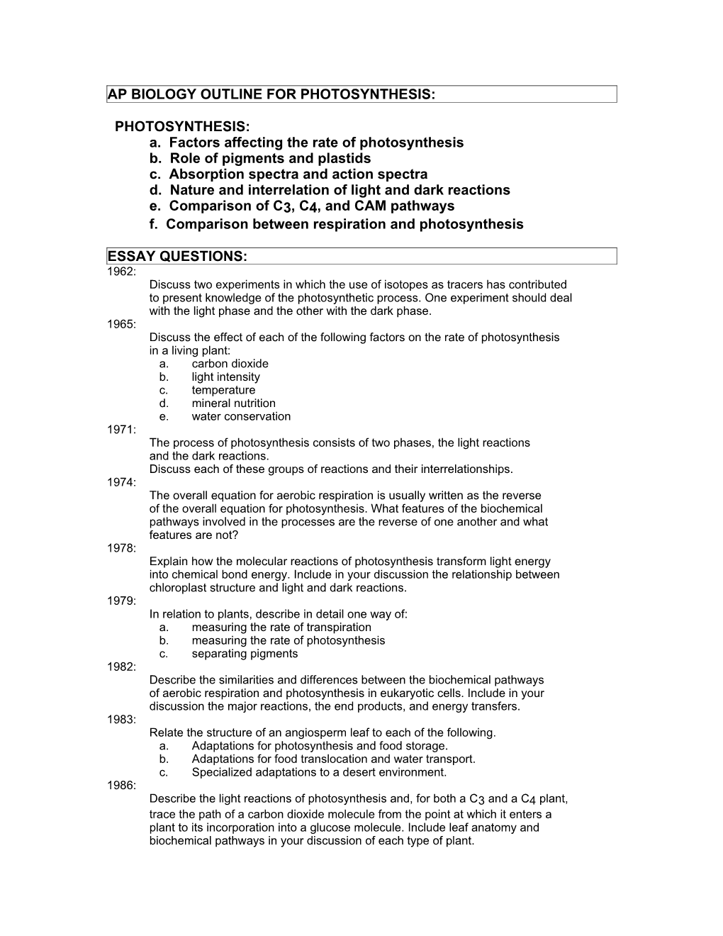 Ap Biology Outline for Photosynthesis