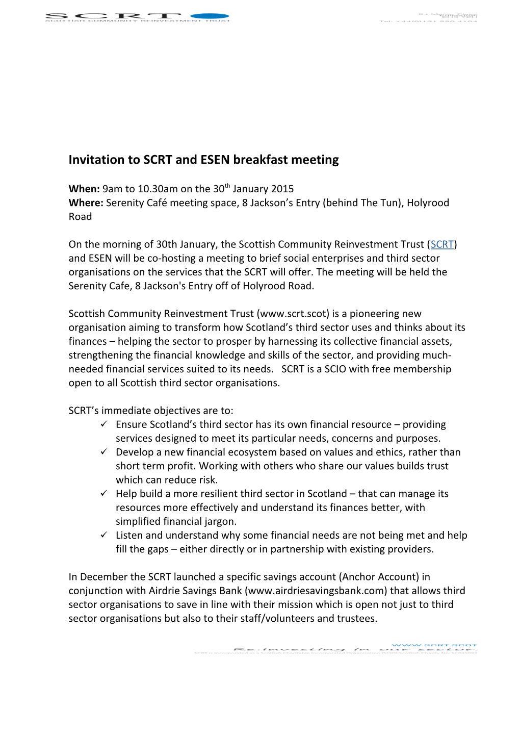 Invitation to SCRT and ESEN Breakfast Meeting