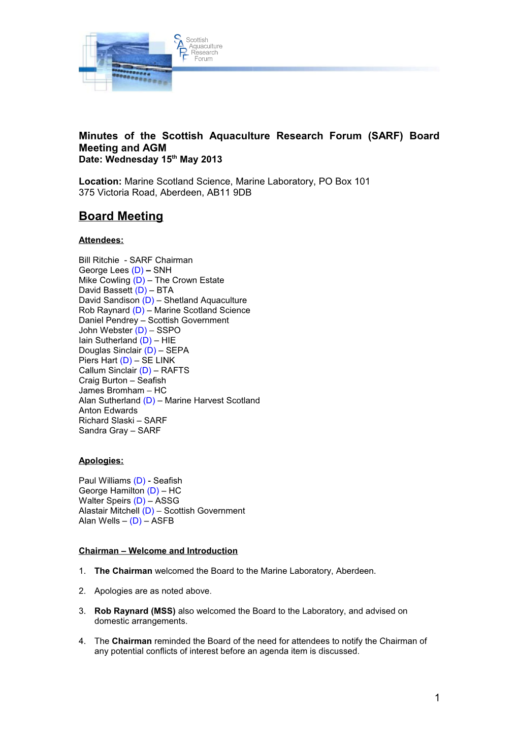 Minutes of the Scottish Aquaculture Research Forum (SARF) Board Meeting and AGM