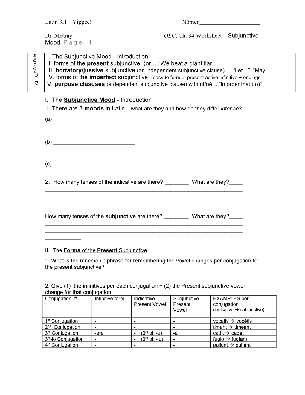 Dr. Mcgayolc, Ch. 34 Worksheet Subjunctive Mood, Page 1