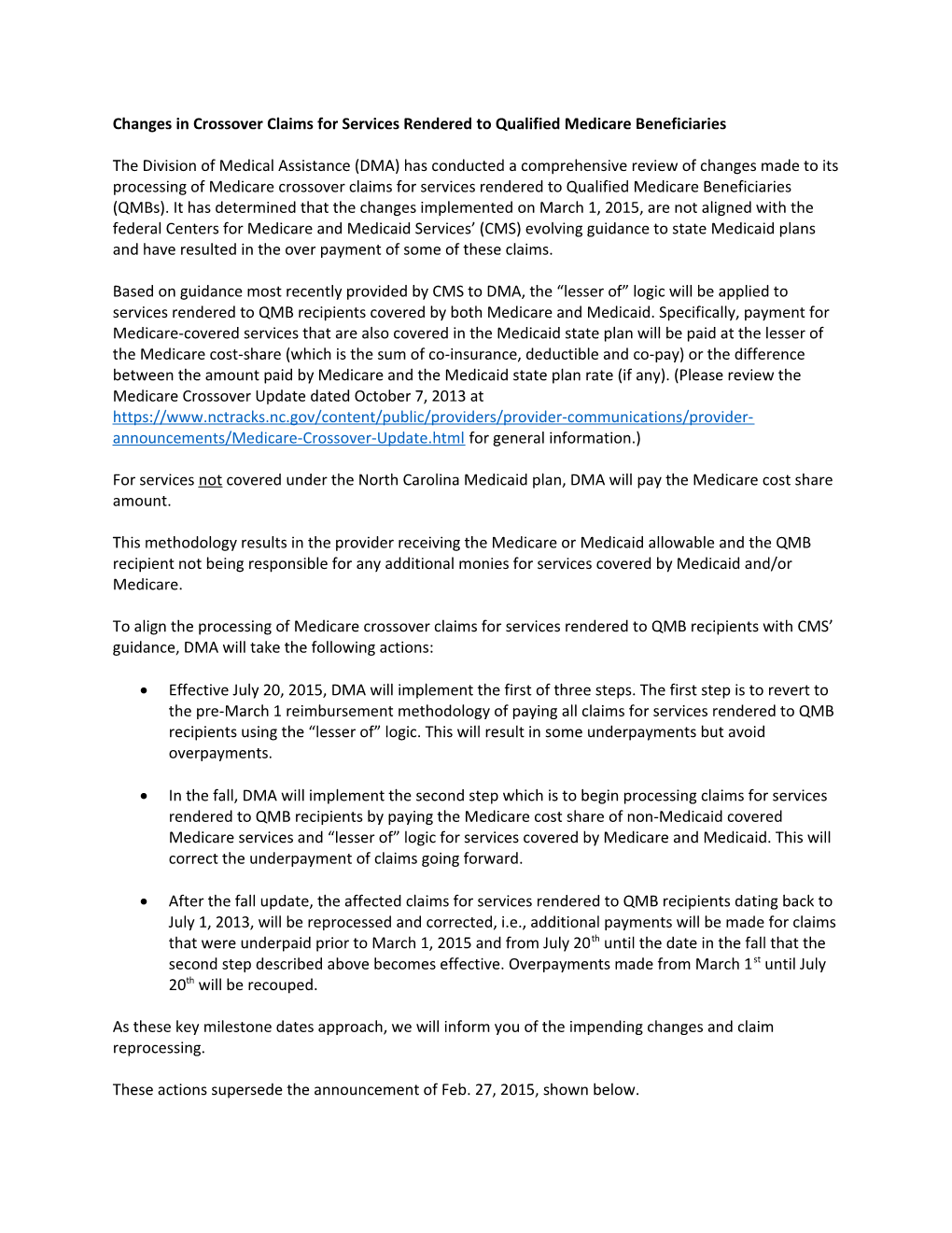 Changes in Crossover Claims for Services Rendered to Qualified Medicare Beneficiaries