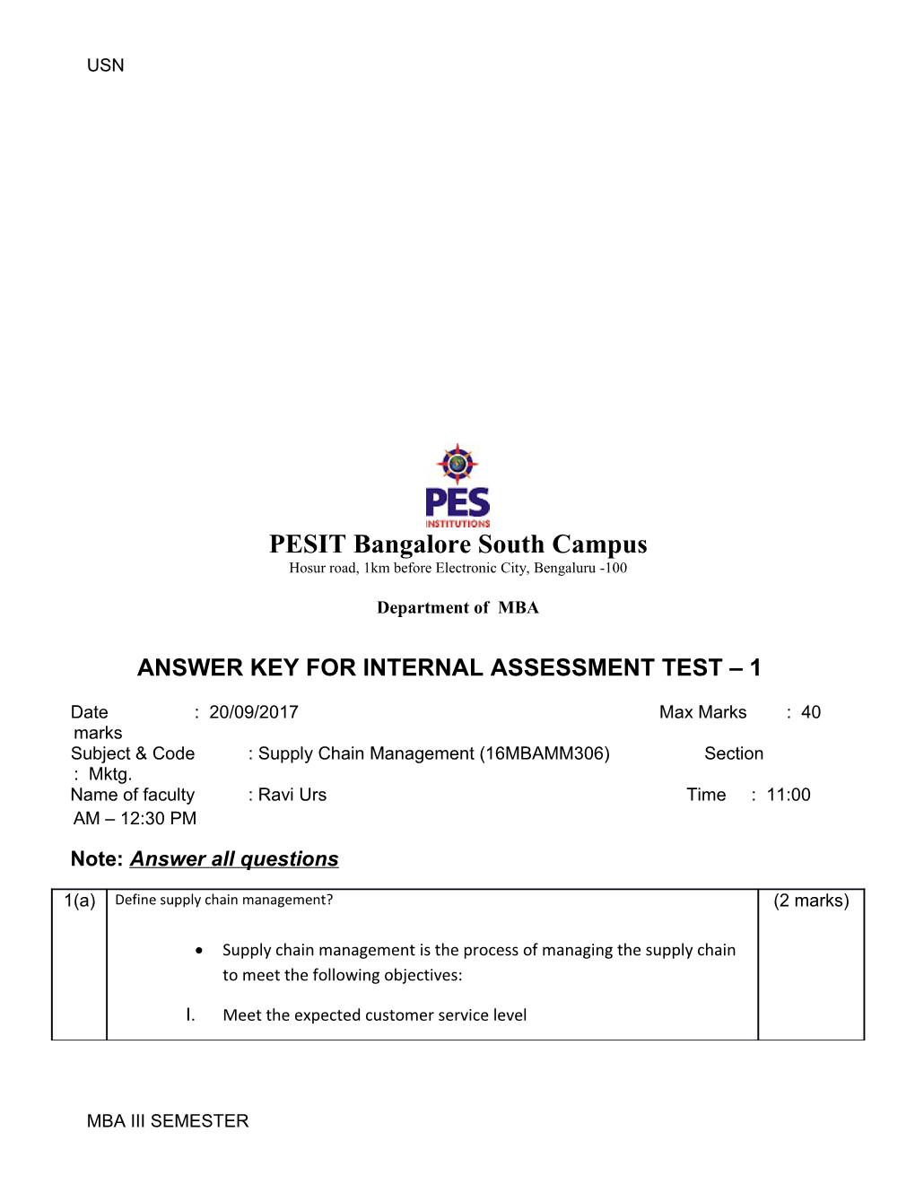 Answer Key for Internal Assessment Test 1