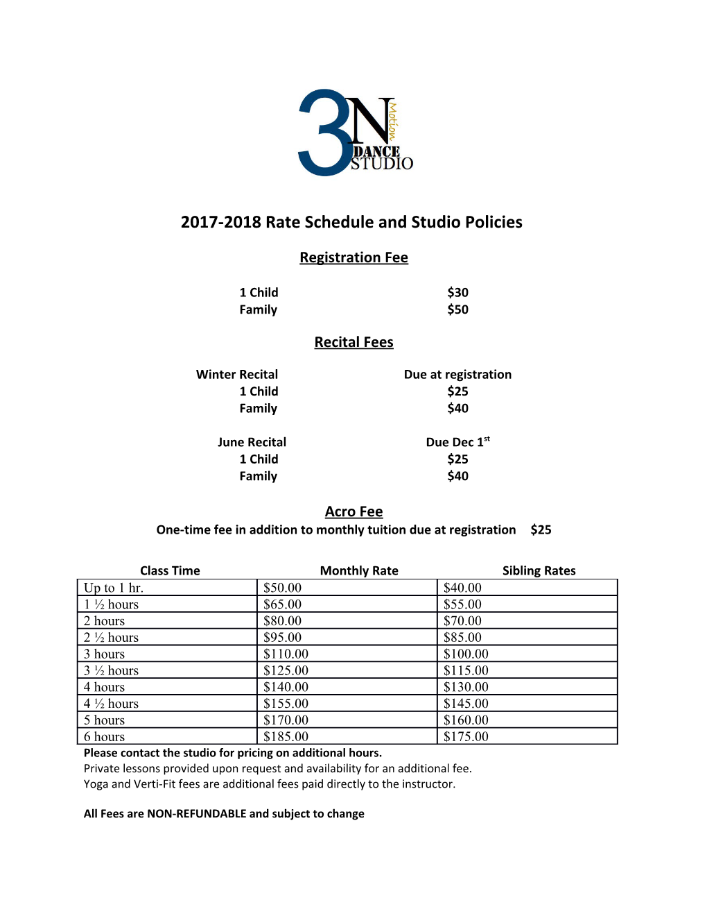 2017-2018 Rate Schedule and Studio Policies