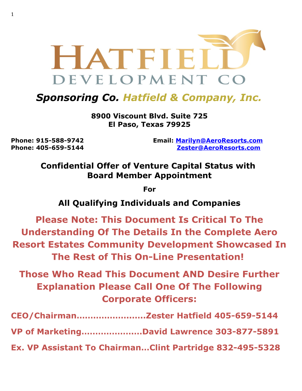 Sponsoring Co. Hatfield & Company, Inc
