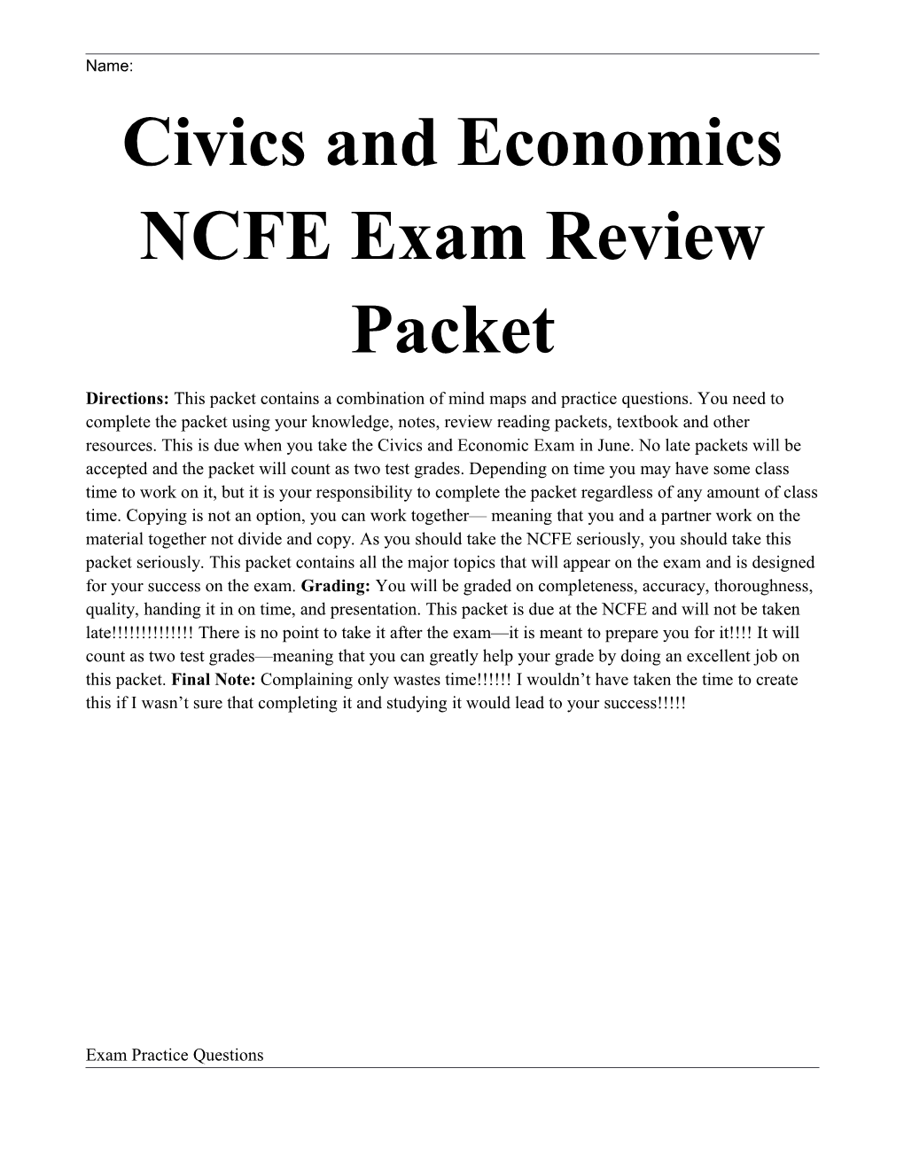 Civics and Economics NCFE Exam Review Packet