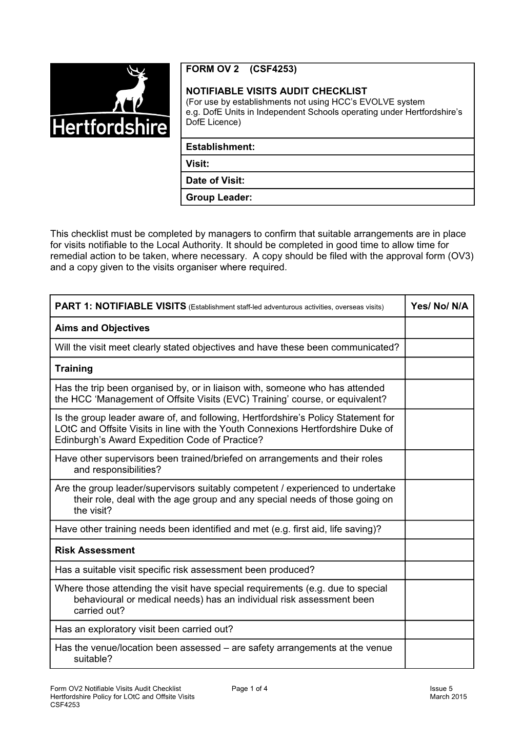 Notifiable Visits Audit Checklist