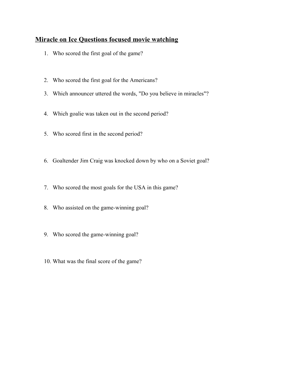 Miracle on Ice Questions Focused Movie Watching