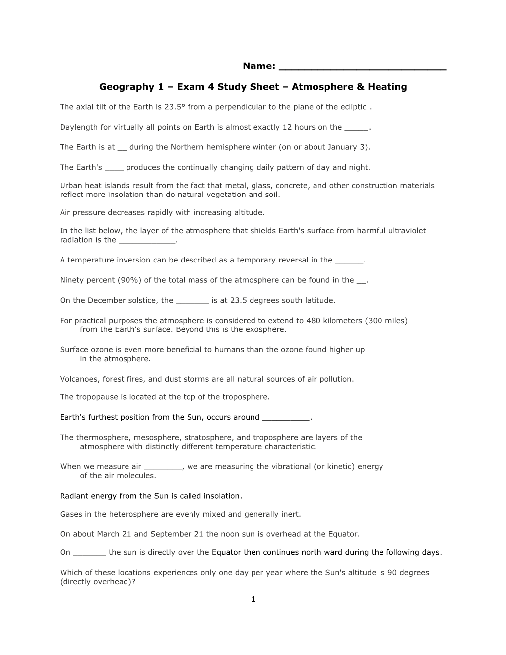 Geography 1 Exam 4 Study Sheet Atmosphere Heating