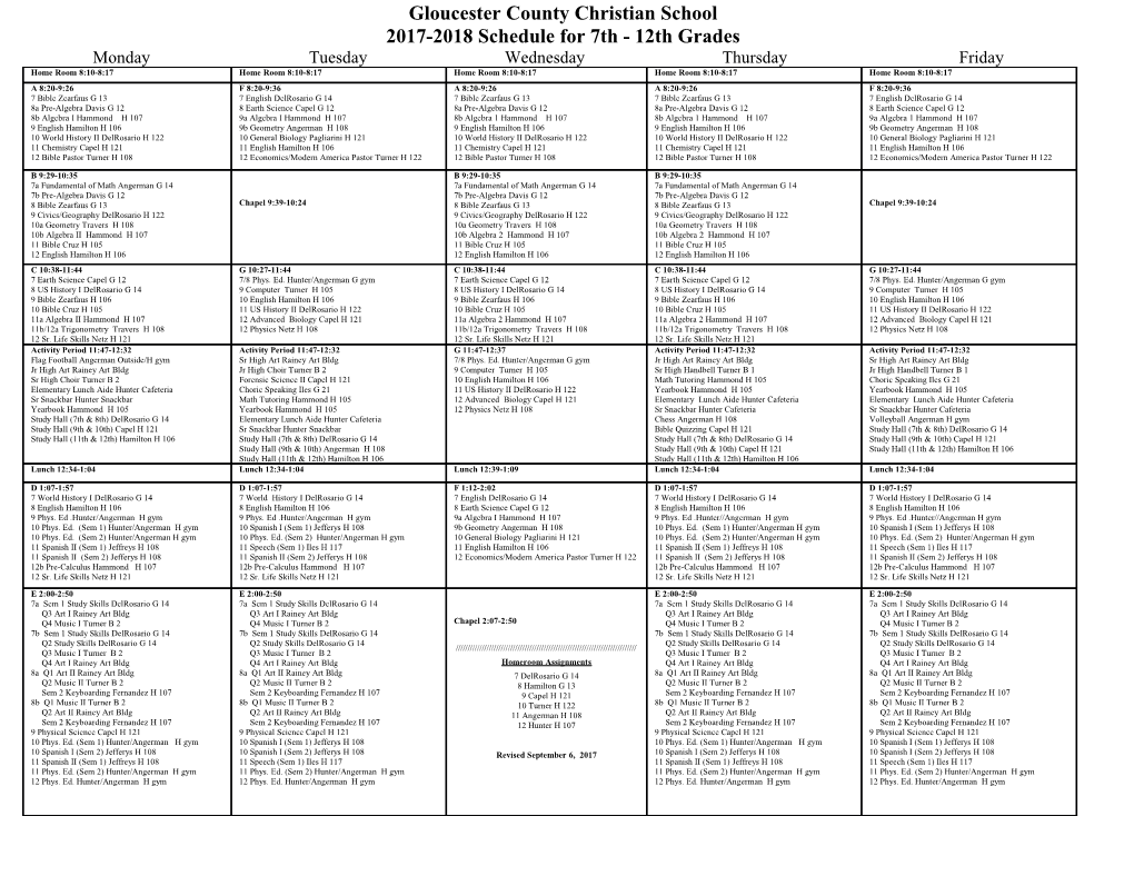 Gloucester County Christian School 2017-2018 Schedule for 7Th - 12Th Grades