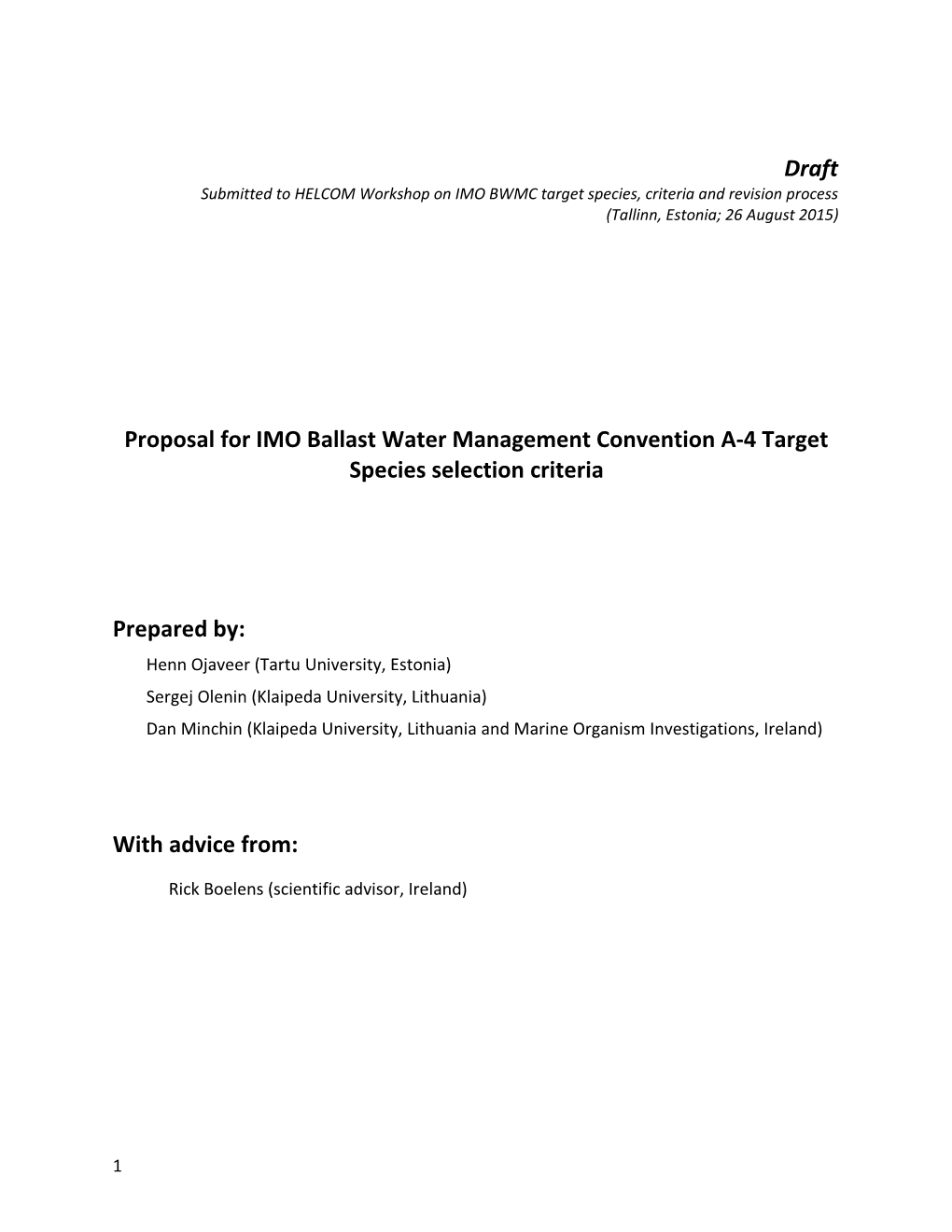 Document 1 Proposal for IMO Ballast Water Management Convention A-4 Target Species Selection