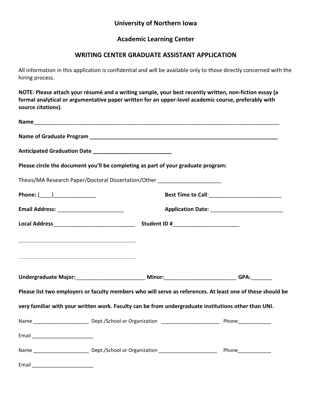 Writing Center Graduate Assistant Application