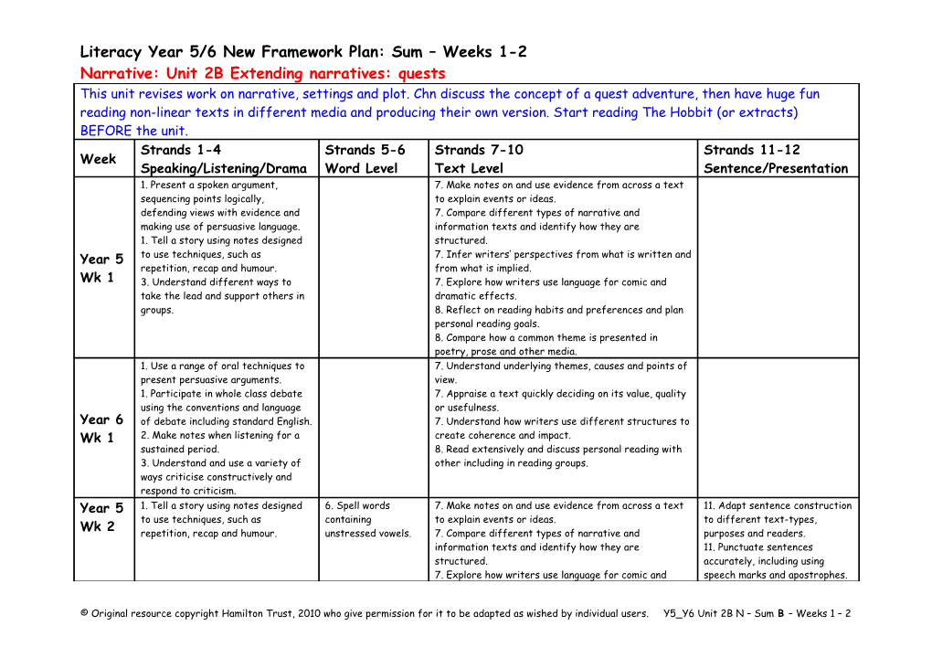 Literacy Year 5/6 New Framework Plan: Sum Weeks 1-2