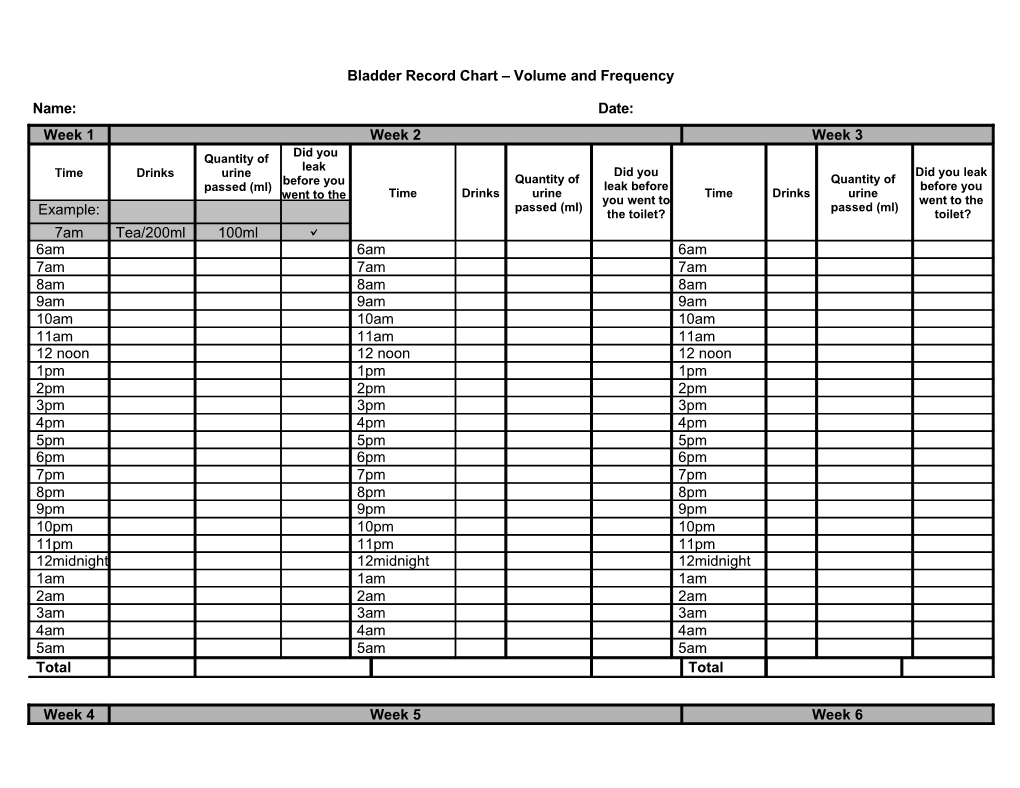 Bladder Record Chart Volume and Frequency