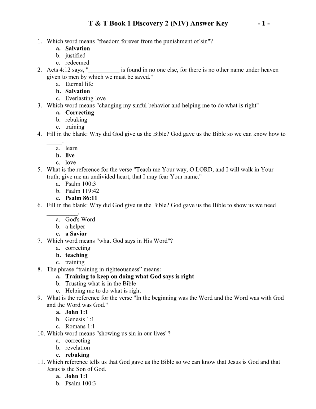 T & T Book 1 Discovery 2 (NIV) Answer Key- 1