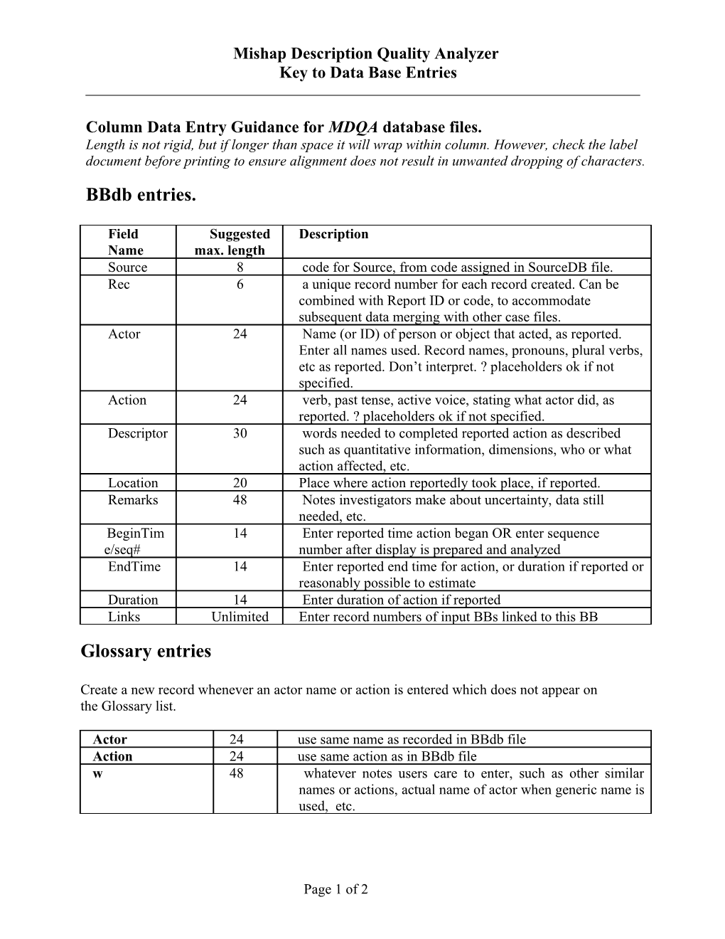 Key to Eventanalyst Data Base Entries