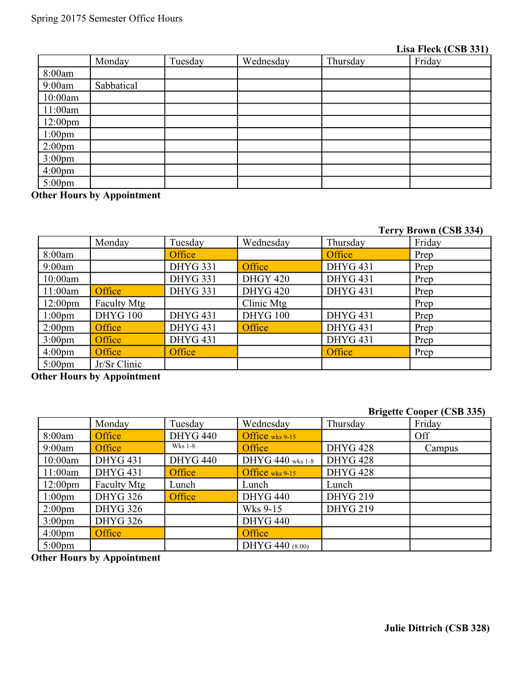 Fall Semester Office Hours