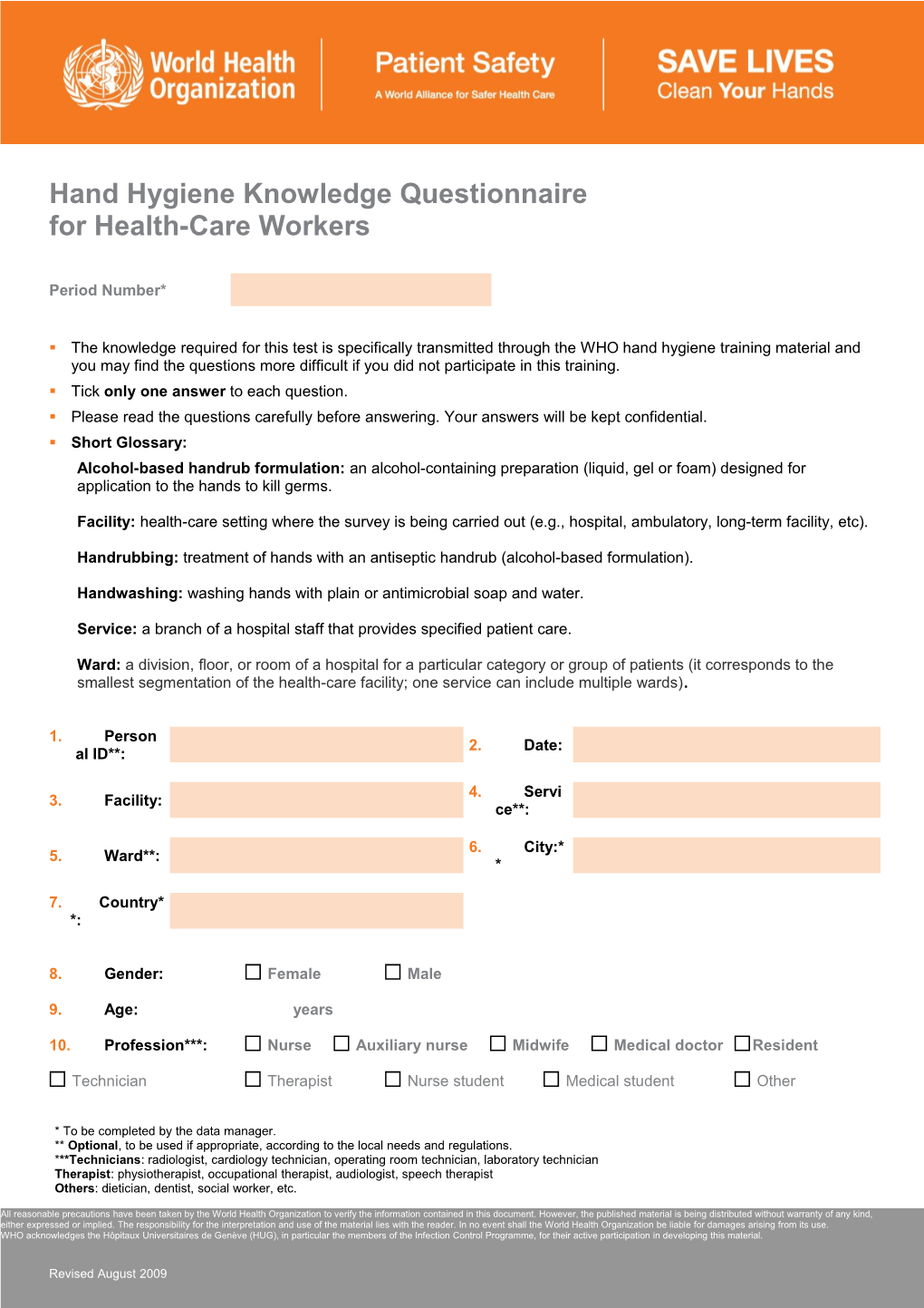 Questionnaire on Hand Hygiene and Healthcare-Associated Infections for Healthcare Workers