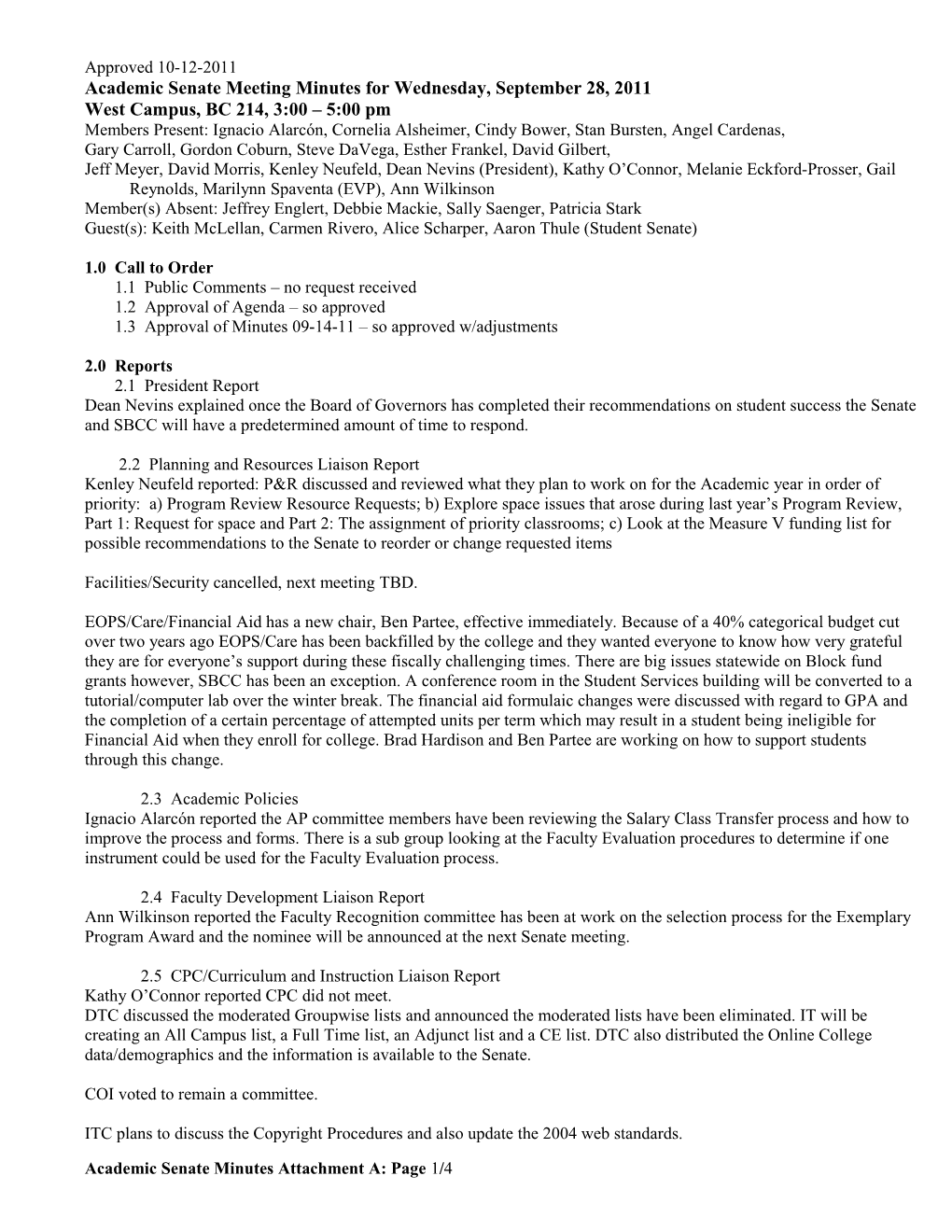Academic Senate Meeting Minutes for Wednesday, September 28, 2011
