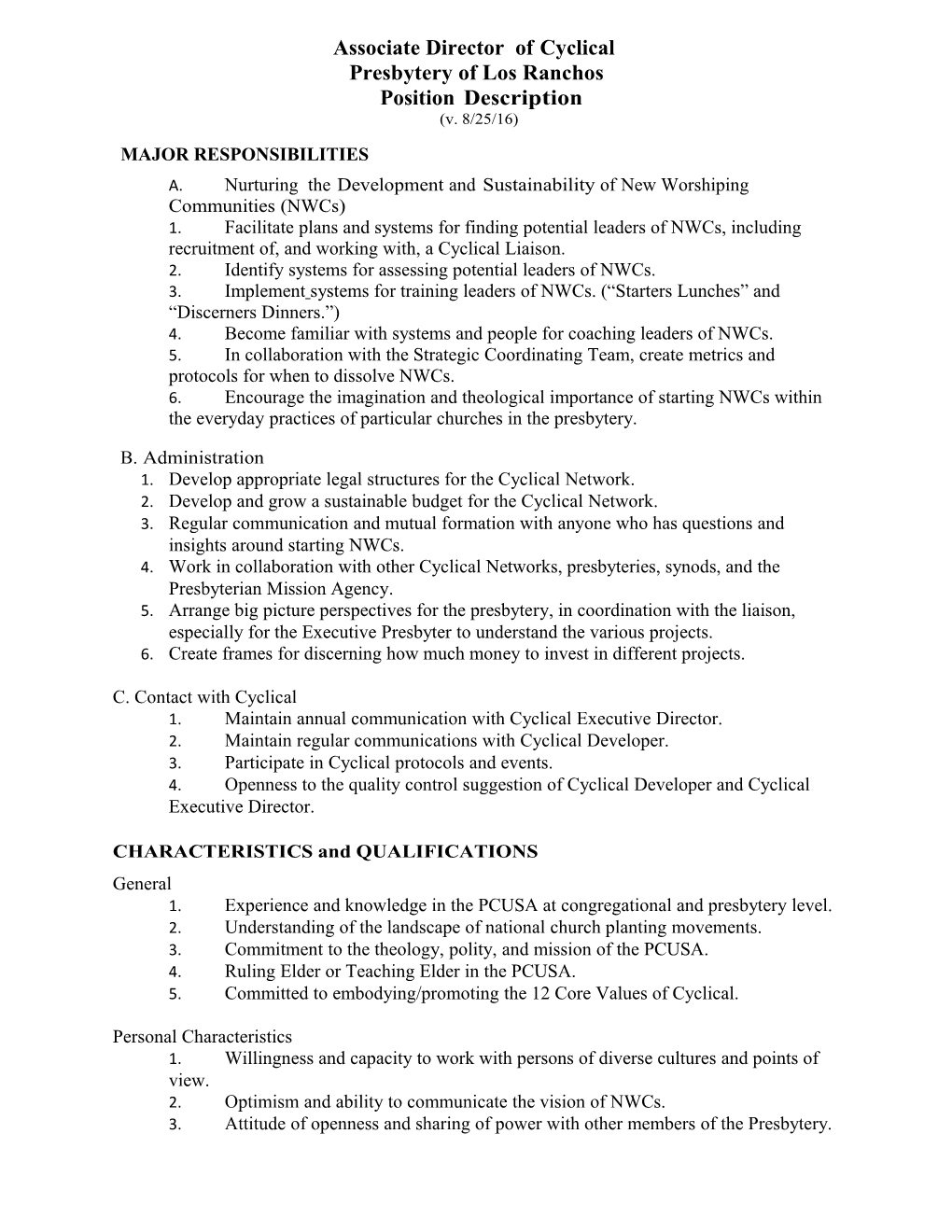 Page 2, Position Description for Associate Director of Cyclical, Presbytery of Los Ranchos