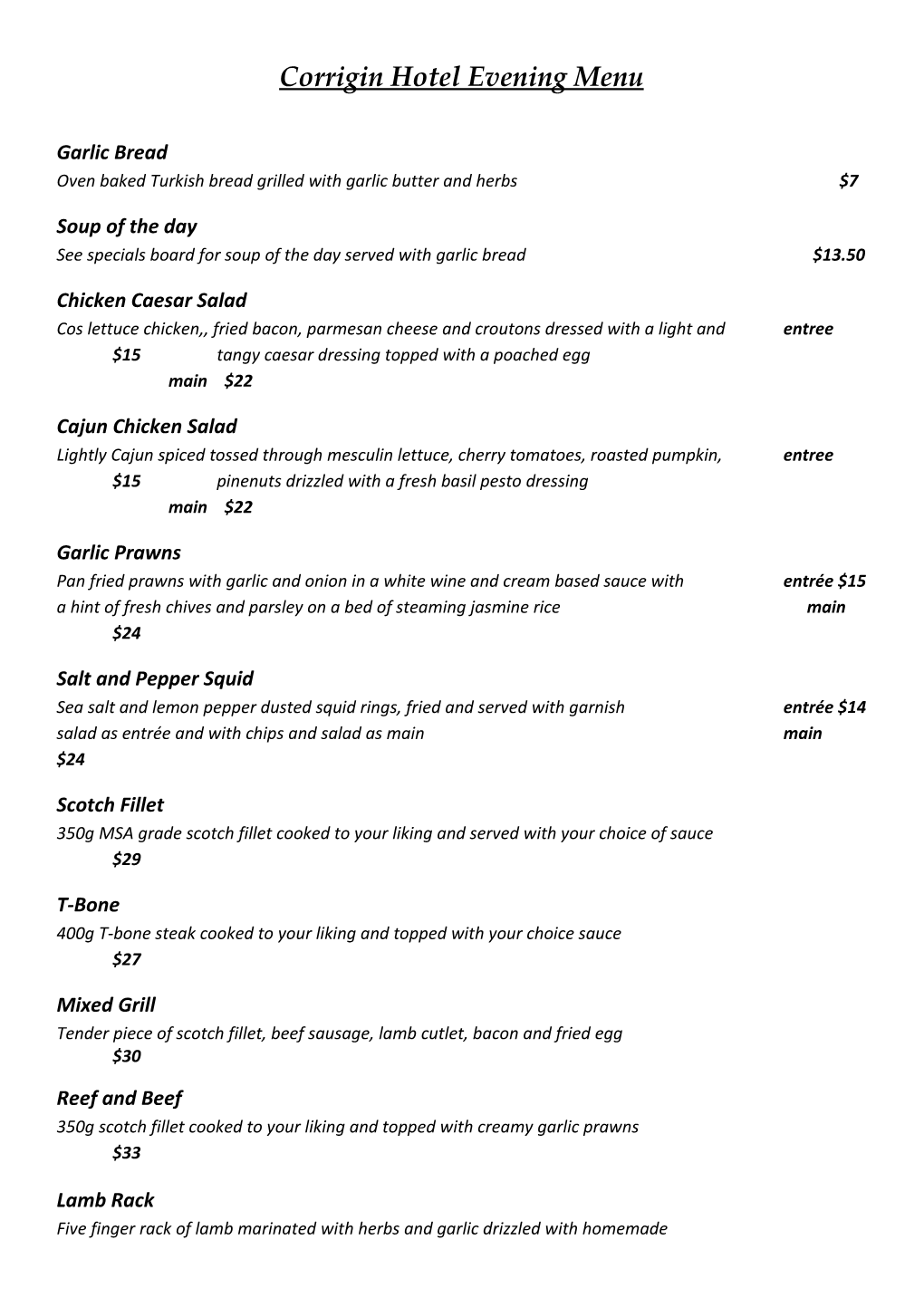 Corrigin Hotel Evening Menu