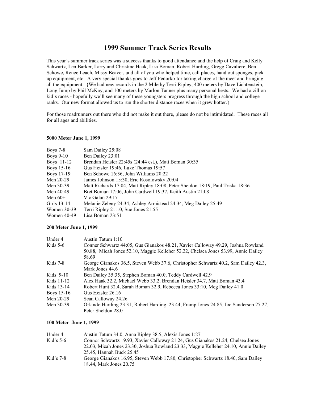 1999 Summer Track Series Results