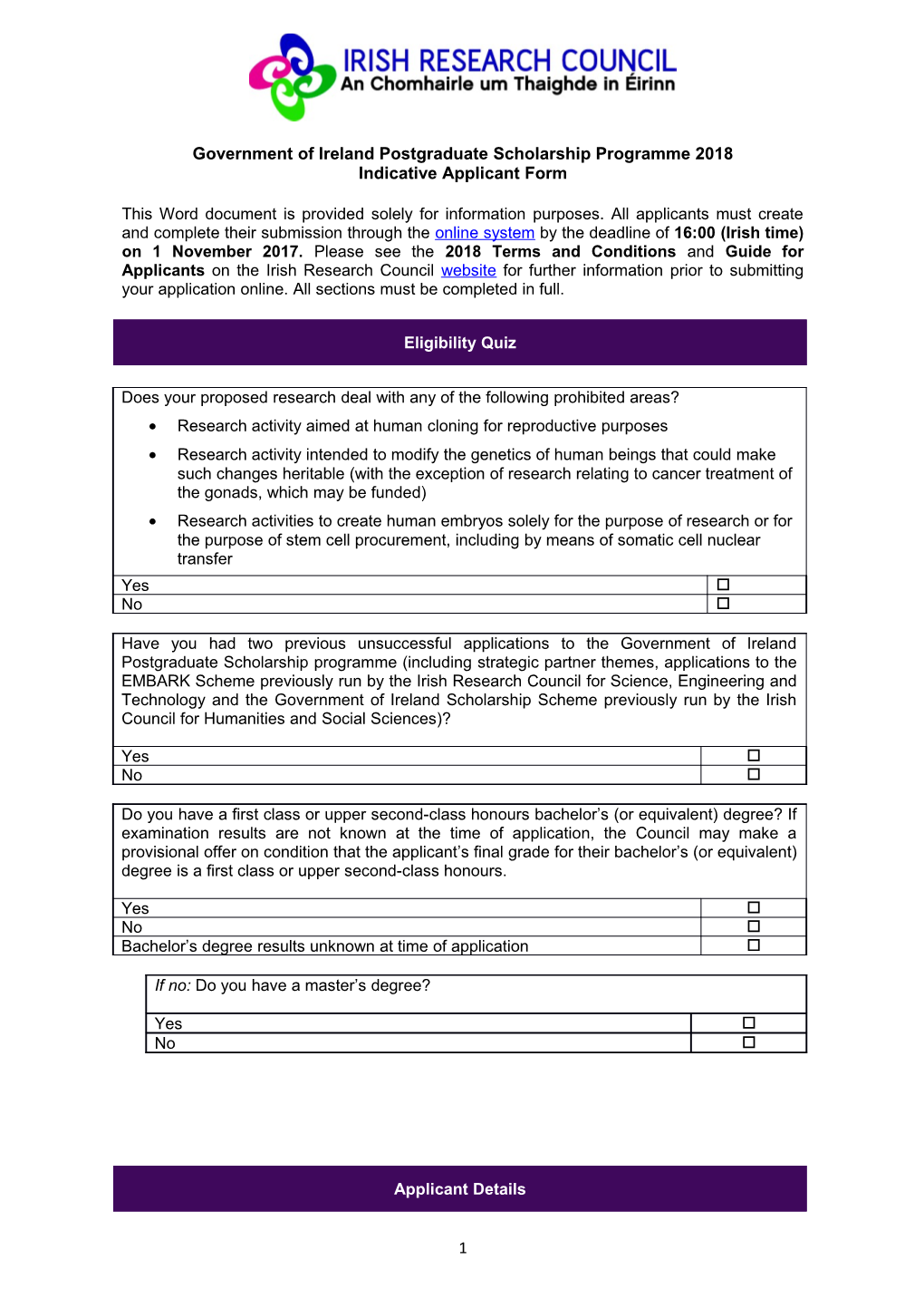 Government of Ireland Postgraduate Scholarship Programme 2018: Indicative Applicant Form